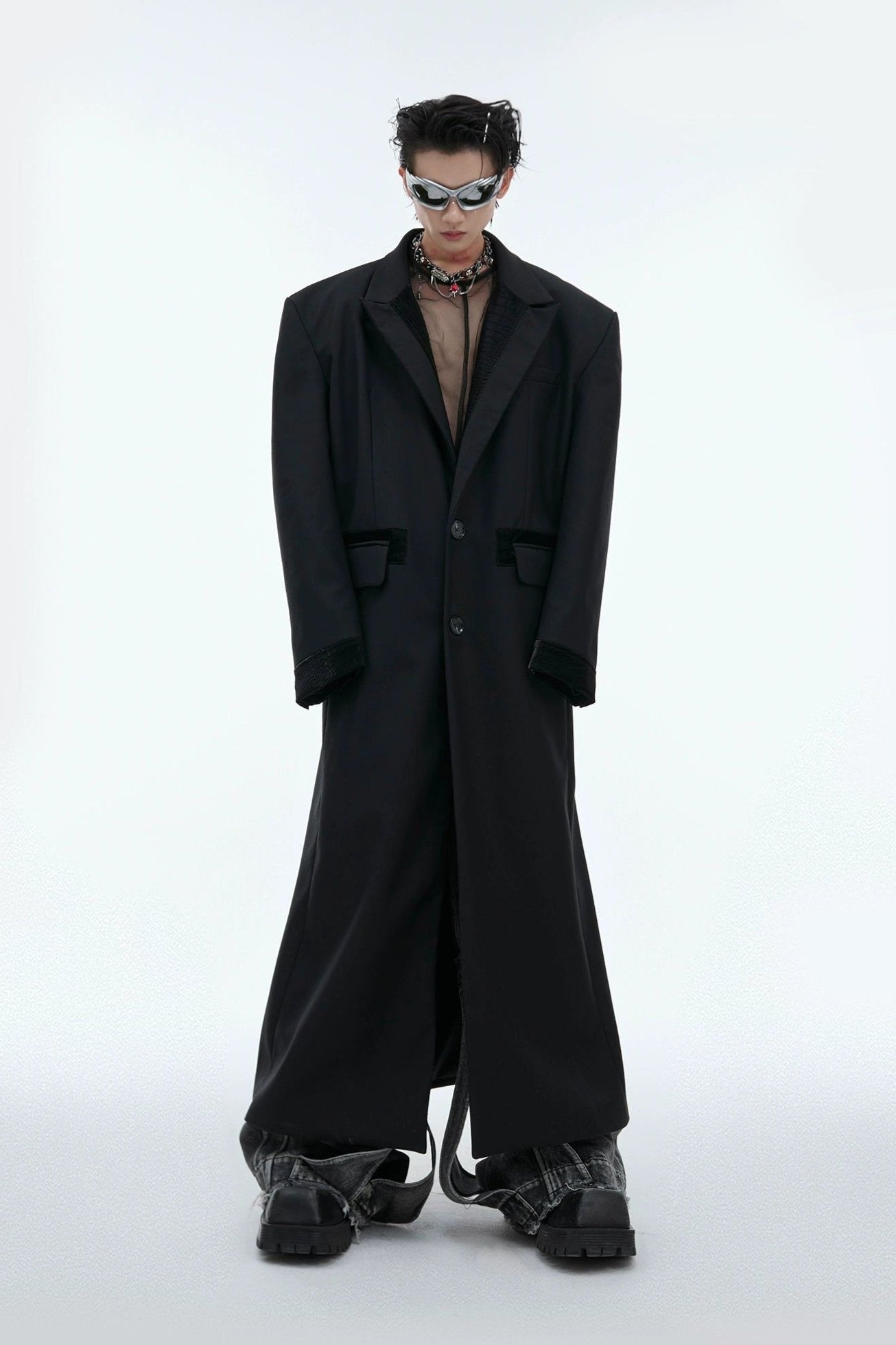 Peak Lapel PU Leather Spliced Long Coat