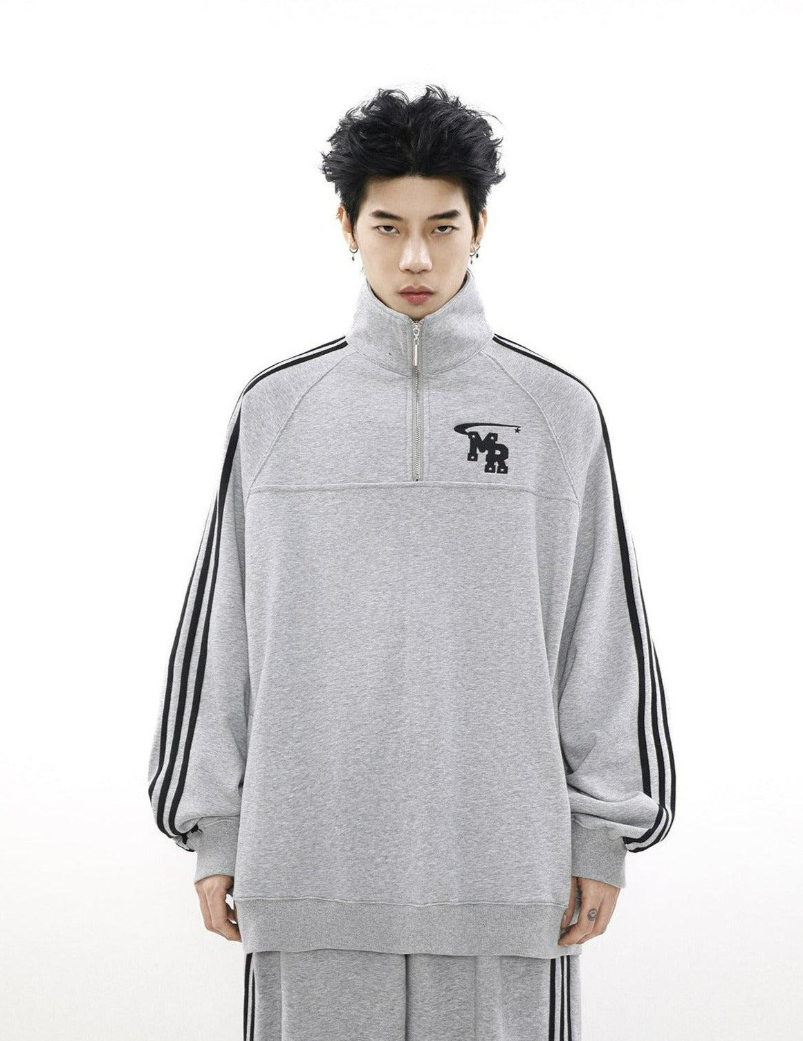 Logo Embroidery Side Stripes Half-Zip & Sweatpants Korean Street Fashion Pants By Mr Nearly Shop Online at OH Vault