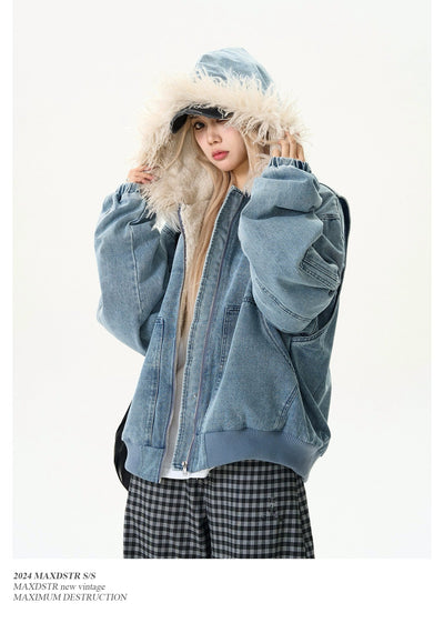 Detachable Fur Hooded Denim Jacket Korean Street Fashion Jacket By MaxDstr Shop Online at OH Vault