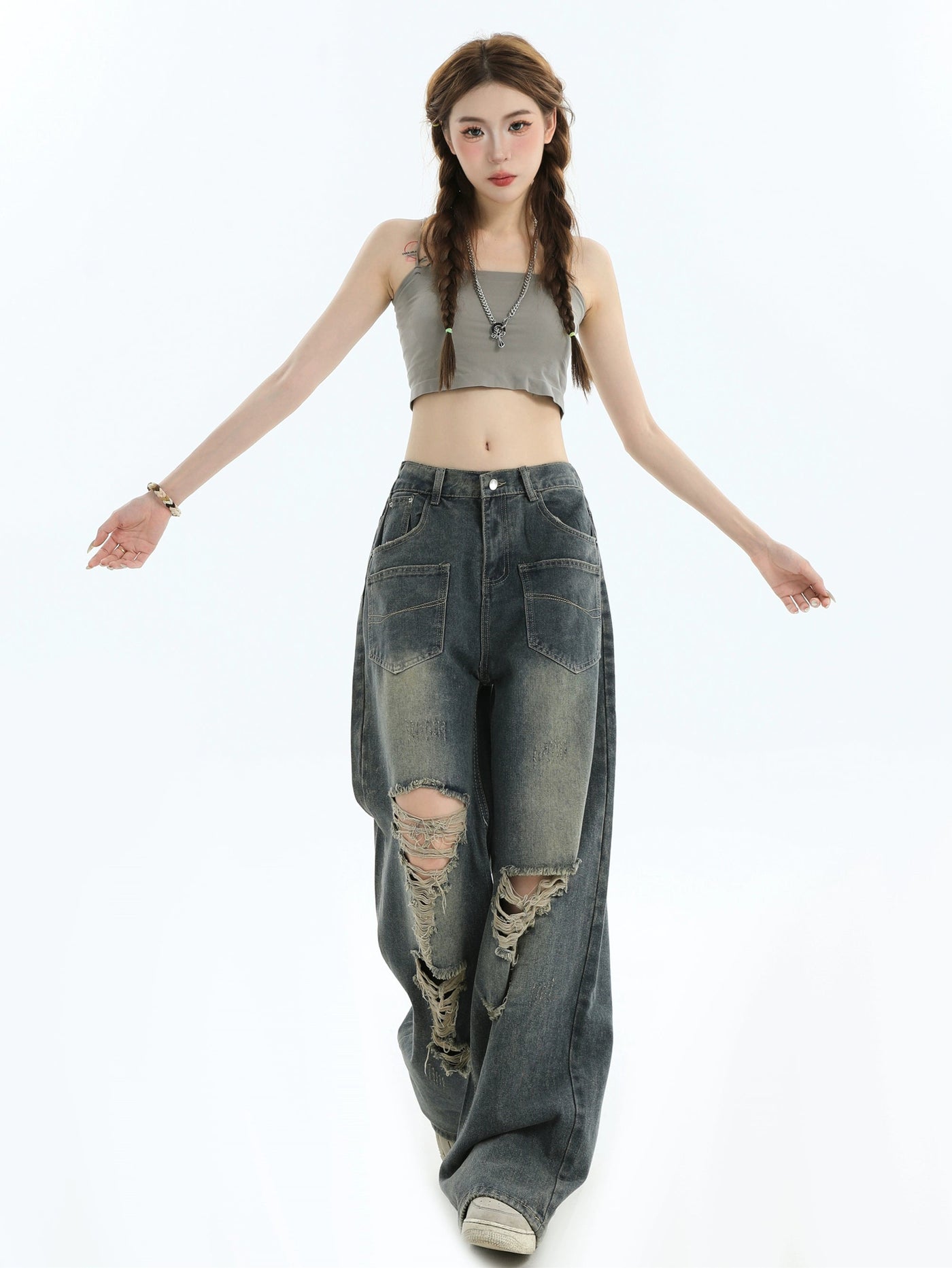 Multi-Pocket Ripped Detail Jeans Korean Street Fashion Jeans By INS Korea Shop Online at OH Vault