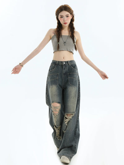 Multi-Pocket Ripped Detail Jeans Korean Street Fashion Jeans By INS Korea Shop Online at OH Vault