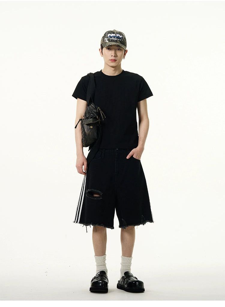 Side Stripes Frayed Denim Shorts Korean Street Fashion Shorts By 77Flight Shop Online at OH Vault