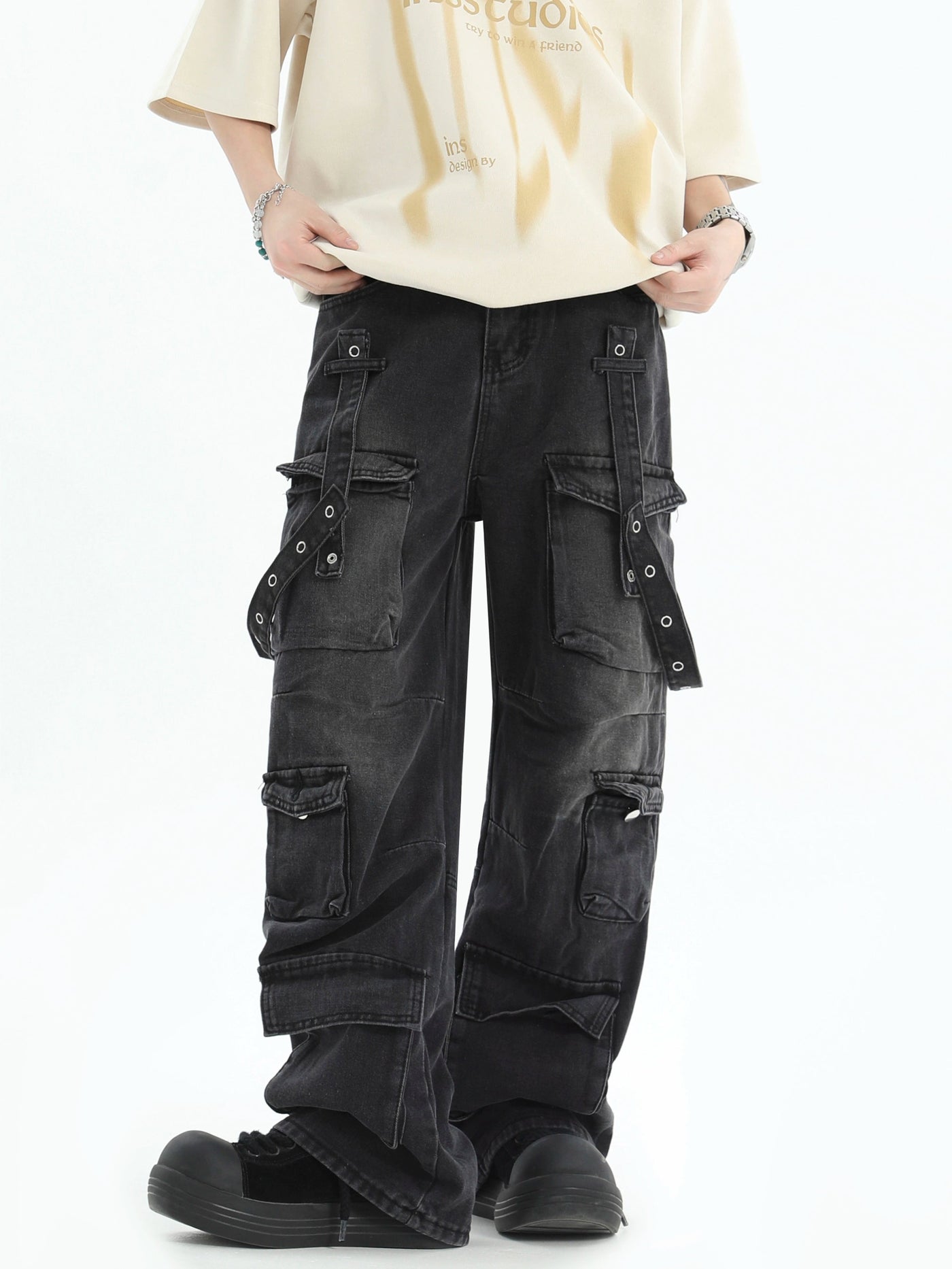 Multi-Straps Cargo Jeans Korean Street Fashion Jeans By INS Korea Shop Online at OH Vault