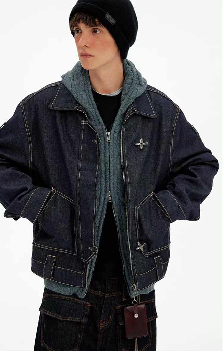 Topstitched Fireman Clasp Denim Jacket Korean Street Fashion Jacket By Mad Witch Shop Online at OH Vault