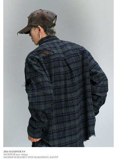 Grid Plaid Ripped Shirt Korean Street Fashion Shirt By MaxDstr Shop Online at OH Vault