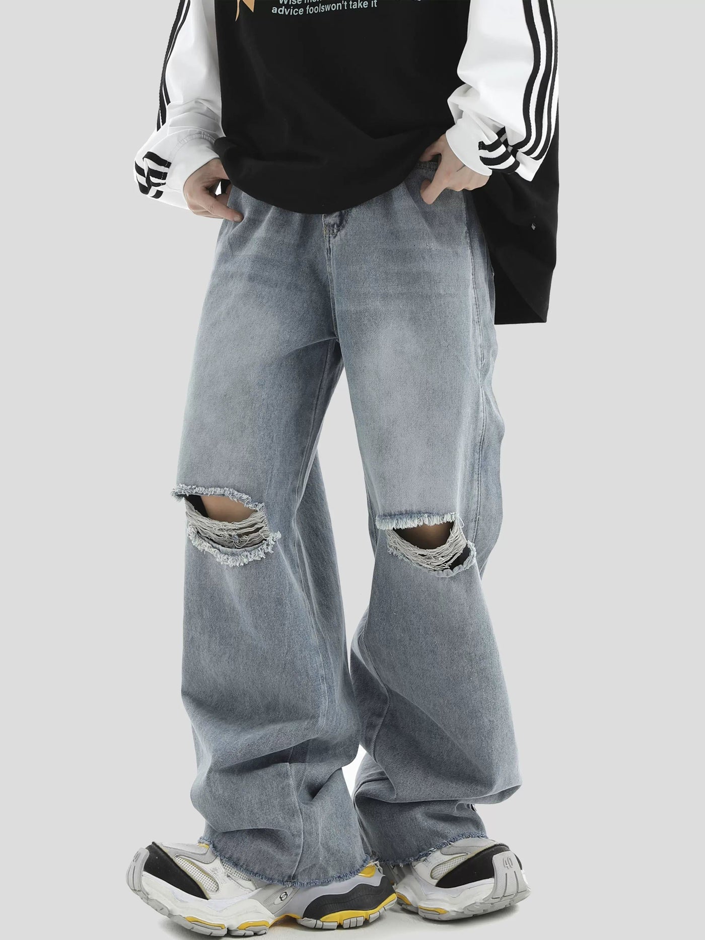 Ripped Knee Detail Jeans Korean Street Fashion Jeans By INS Korea Shop Online at OH Vault