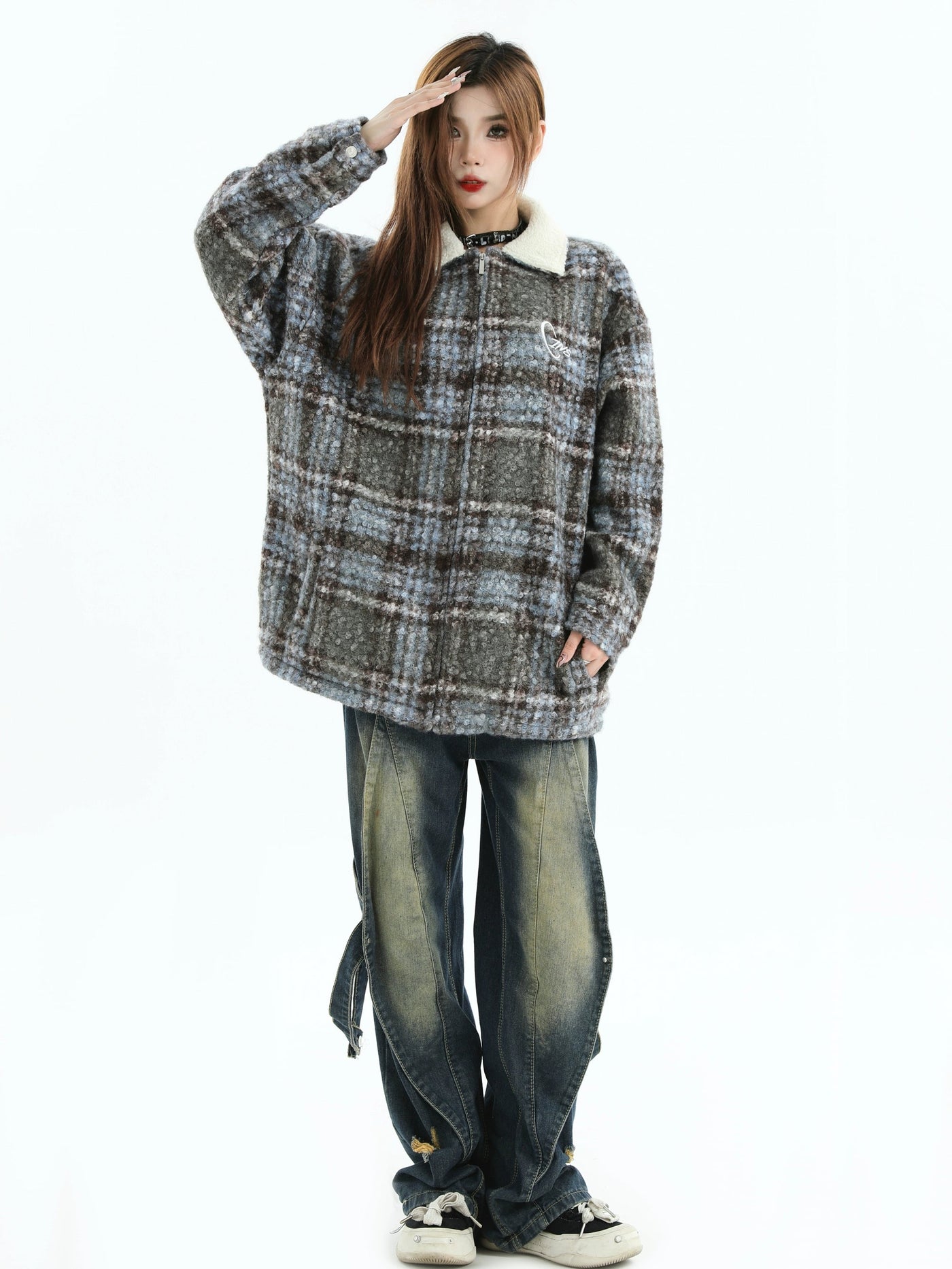 Fuzzy Plaid Jacket Korean Street Fashion Jacket By INS Korea Shop Online at OH Vault