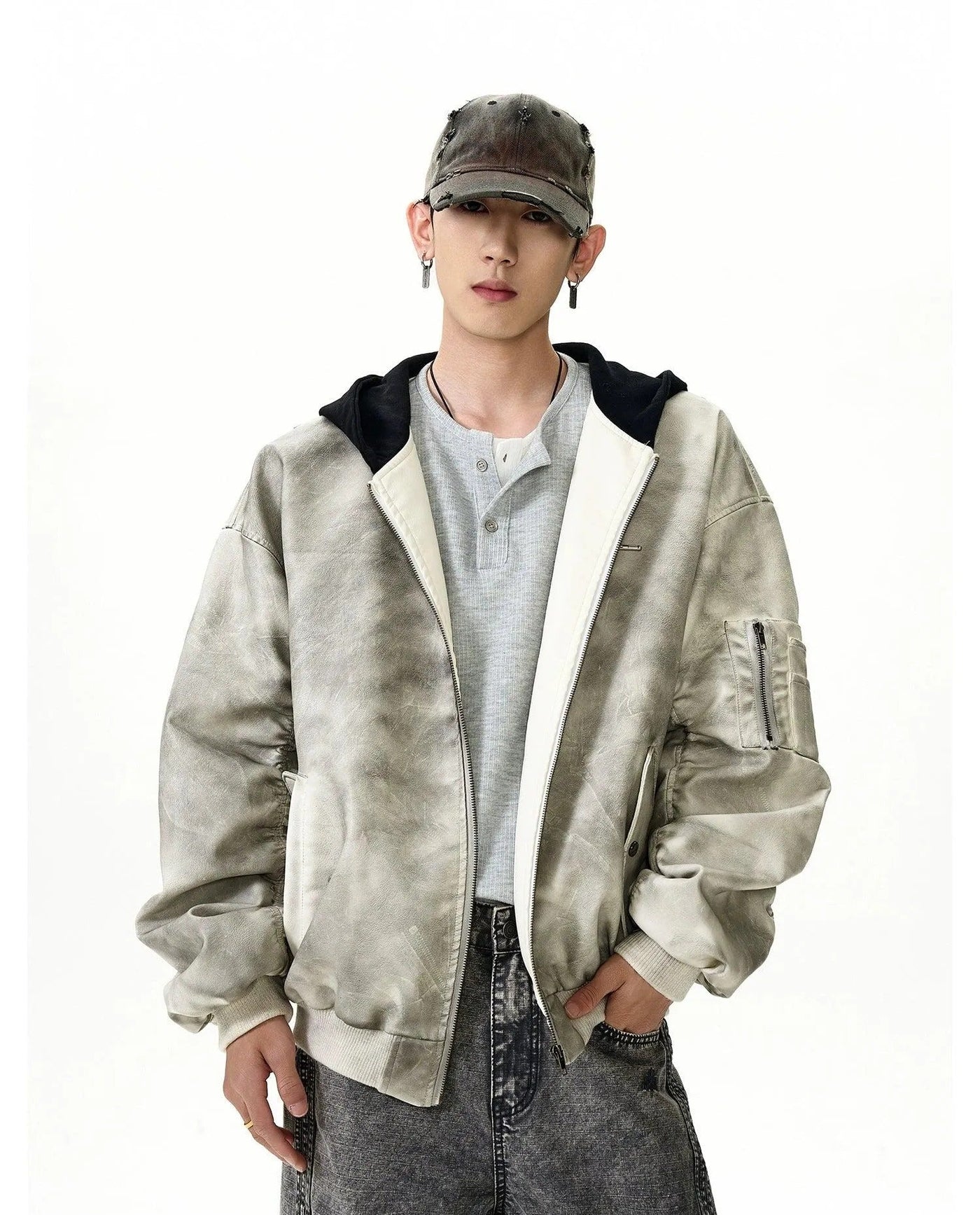 Washed PU Leather Spliced Hood Bomber Jacket Korean Street Fashion Jacket By MaxDstr Shop Online at OH Vault