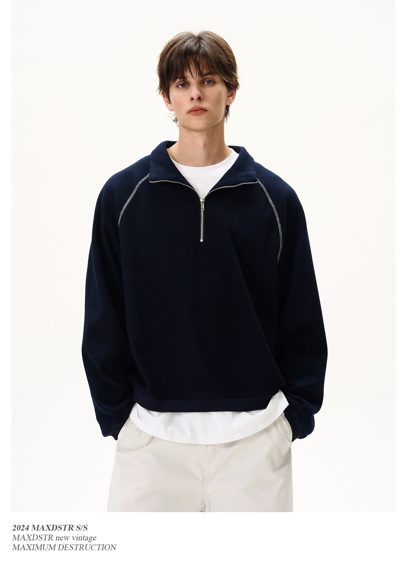 Relaxed Stand Collar Half-Zip Korean Street Fashion Half-Zip By MaxDstr Shop Online at OH Vault