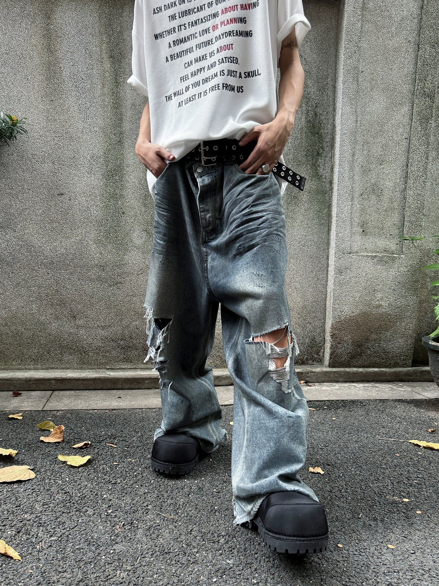 Mud-Dyed Baggy Ripped Jeans Korean Street Fashion Jeans By Ash Dark Shop Online at OH Vault