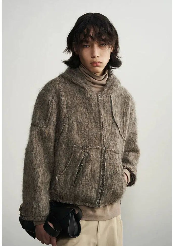 Fuzzy Structured Zip-Up Jacket Korean Street Fashion Jacket By 11St Crops Shop Online at OH Vault