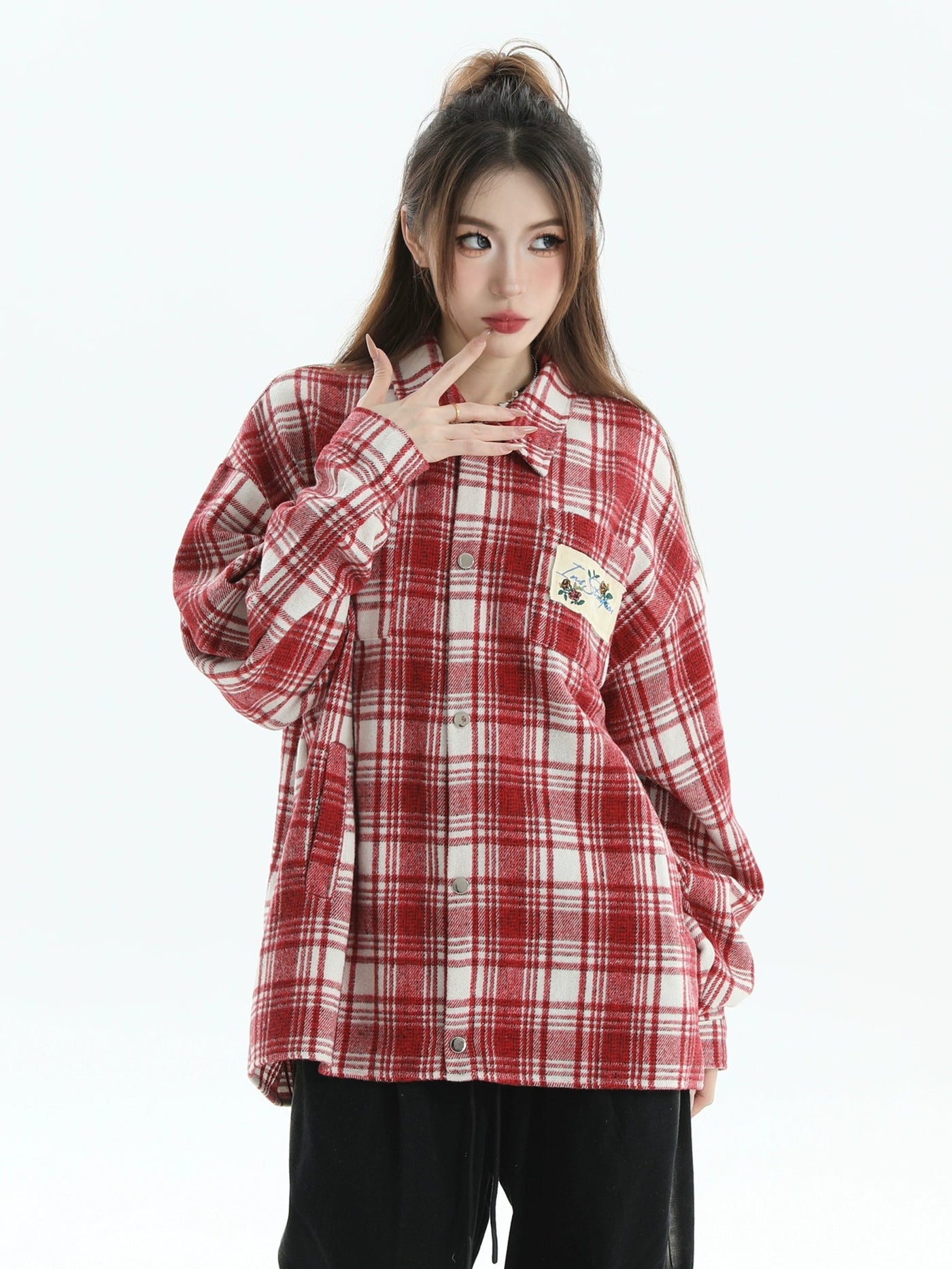 Patched Plaid Comfty Shirt Korean Street Fashion Shirt By INS Korea Shop Online at OH Vault