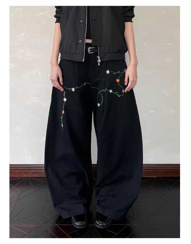 Structured Floral Embroidery Barrel Pants Korean Street Fashion Pants By A PUEE Shop Online at OH Vault