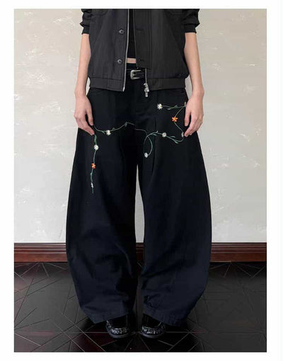 Structured Floral Embroidery Barrel Pants Korean Street Fashion Pants By A PUEE Shop Online at OH Vault