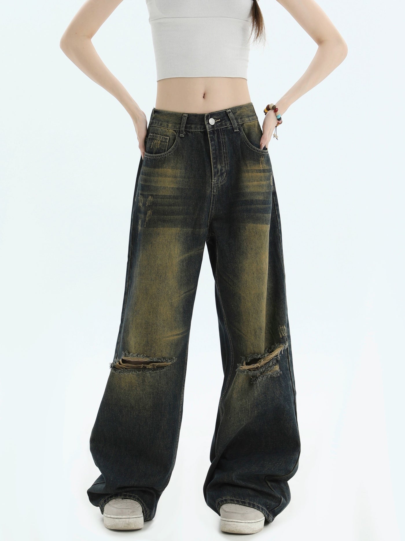 Ripped Knee Yellow Fade Jeans Korean Street Fashion Jeans By INS Korea Shop Online at OH Vault