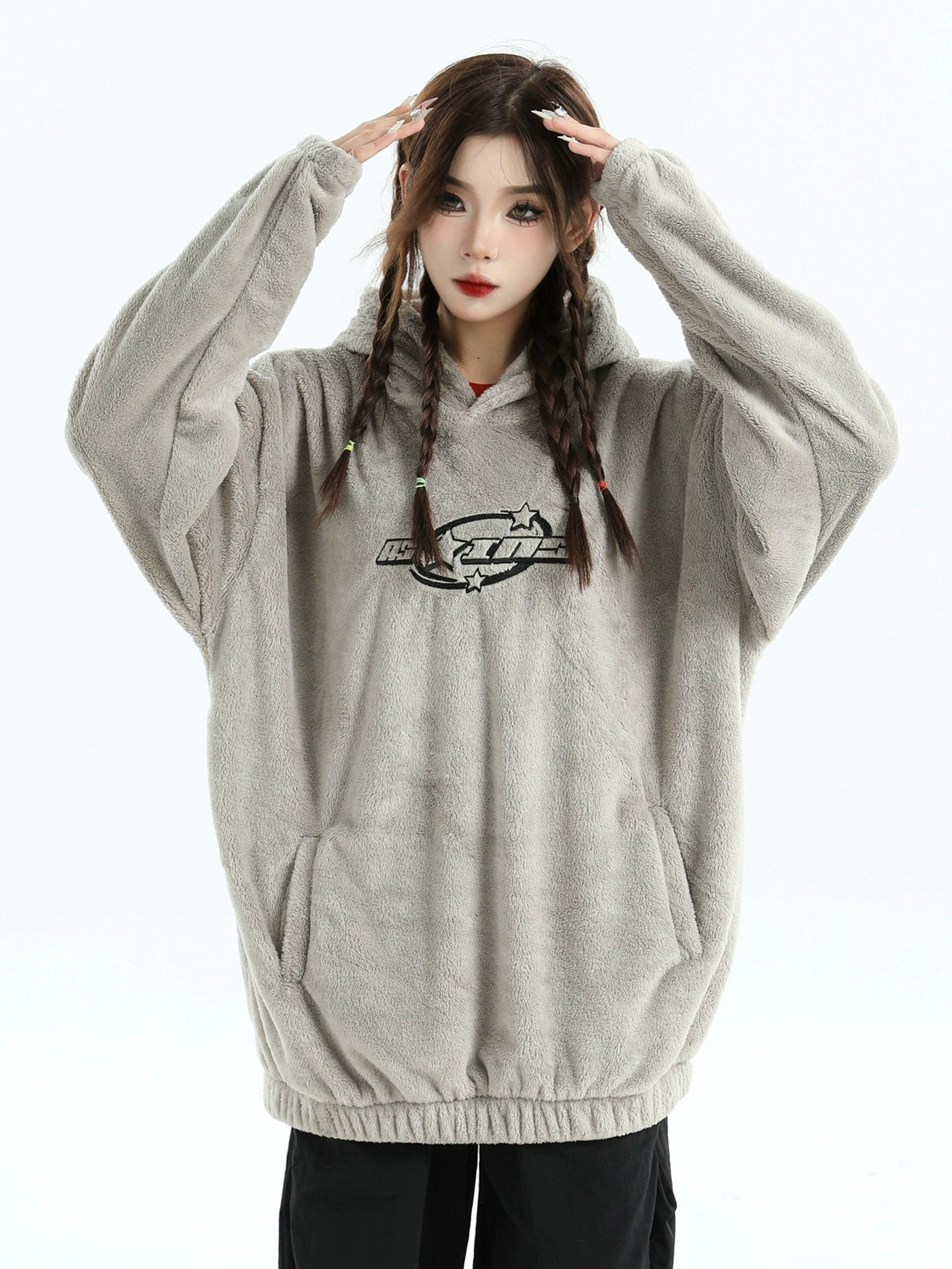 Star Embroidered Fleece Hoodie Korean Street Fashion Hoodie By INS Korea Shop Online at OH Vault