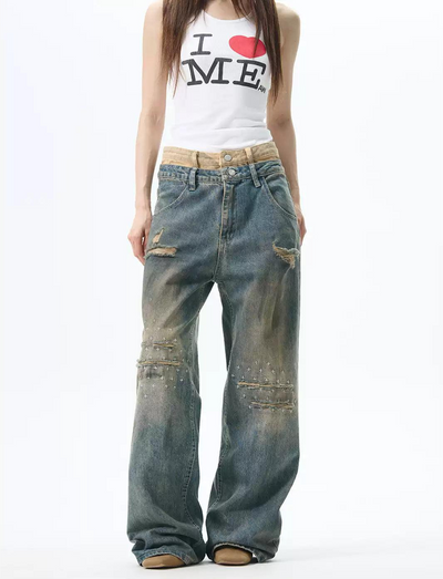 Double Waists Ripped Straight Jeans Korean Street Fashion Jeans By 77Flight Shop Online at OH Vault