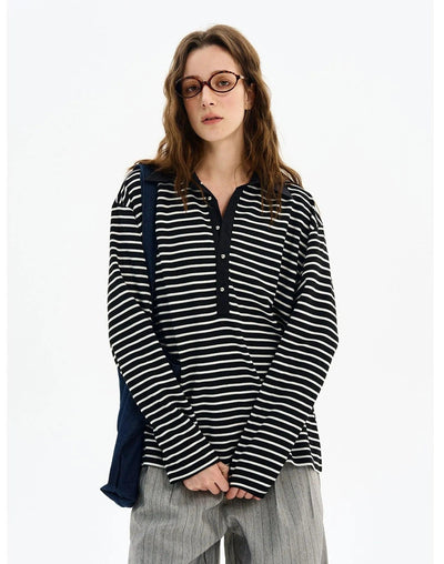 Half-Buttoned Striped L/S Polo Korean Street Fashion Polo By MaxDstr Shop Online at OH Vault