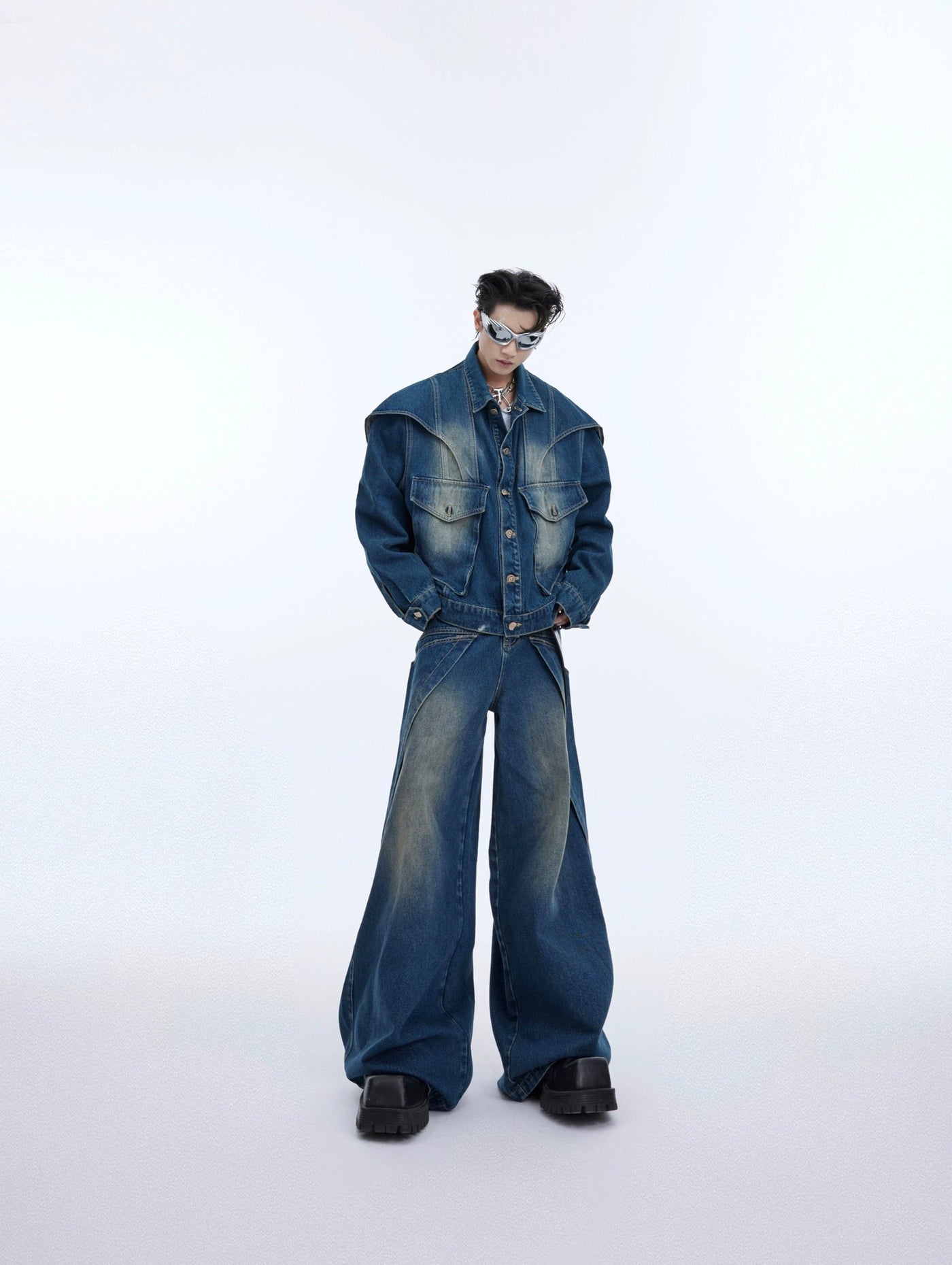 Structured Faded Denim Jacket & Jeans Set Korean Street Fashion Clothing Set By Argue Culture Shop Online at OH Vault