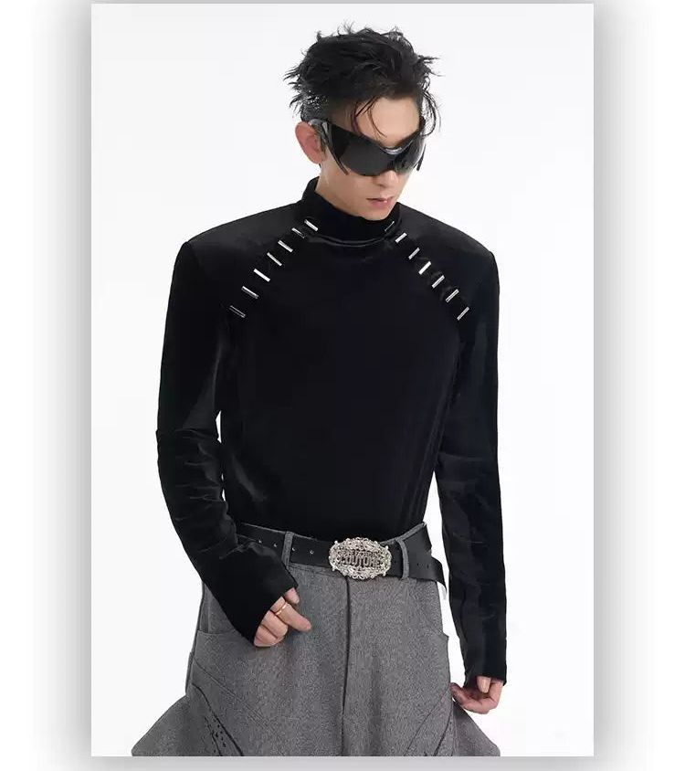 Cozy Metallic Pattern Mockneck Korean Street Fashion Mockneck By Slim Black Shop Online at OH Vault