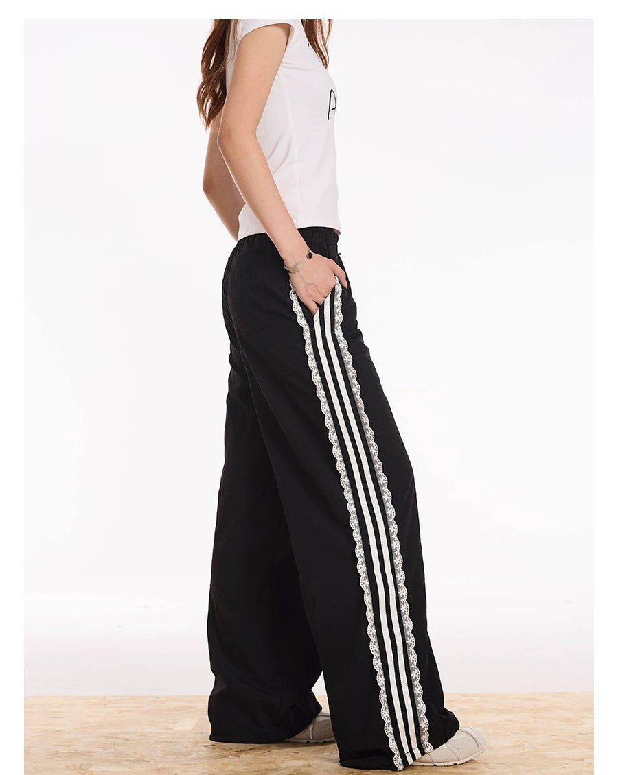 Lace Stripes Track Pants Korean Street Fashion Pants By Apocket Shop Online at OH Vault