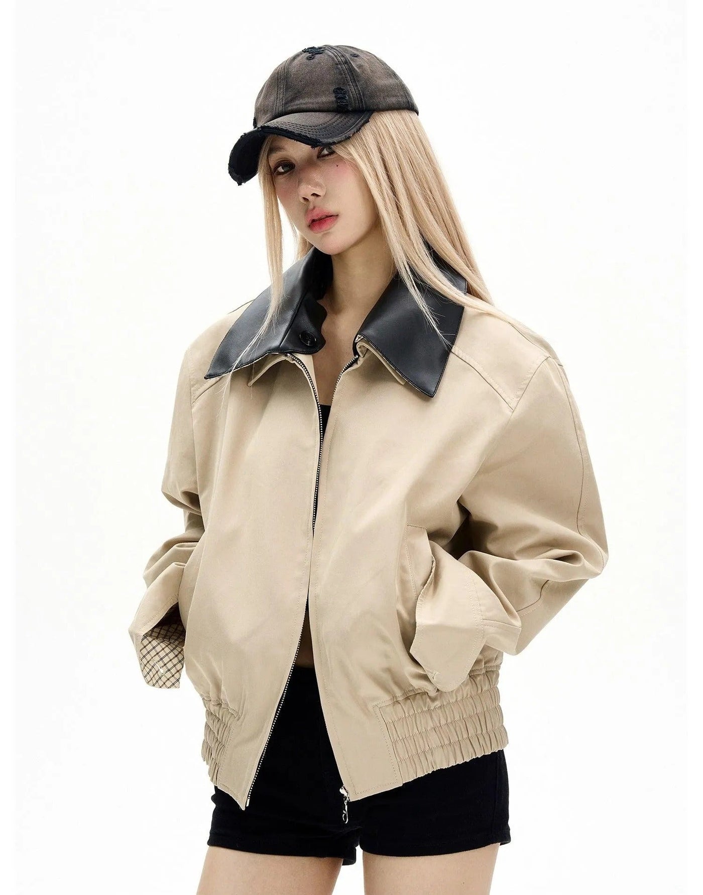 Layered Collar Ruched Hem Jacket Korean Street Fashion Jacket By MaxDstr Shop Online at OH Vault