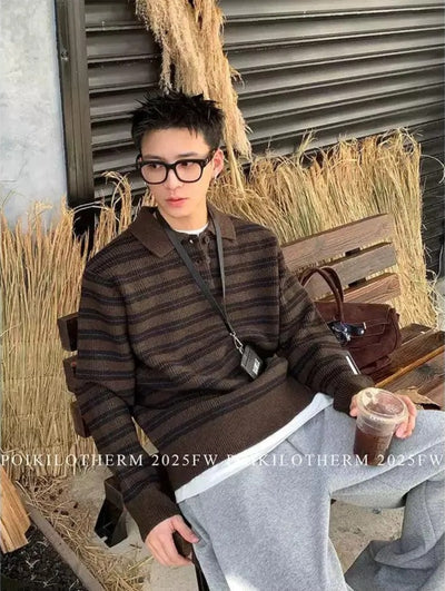 Striped Ribbed Knit Polo Korean Street Fashion Polo By Poikilotherm Shop Online at OH Vault