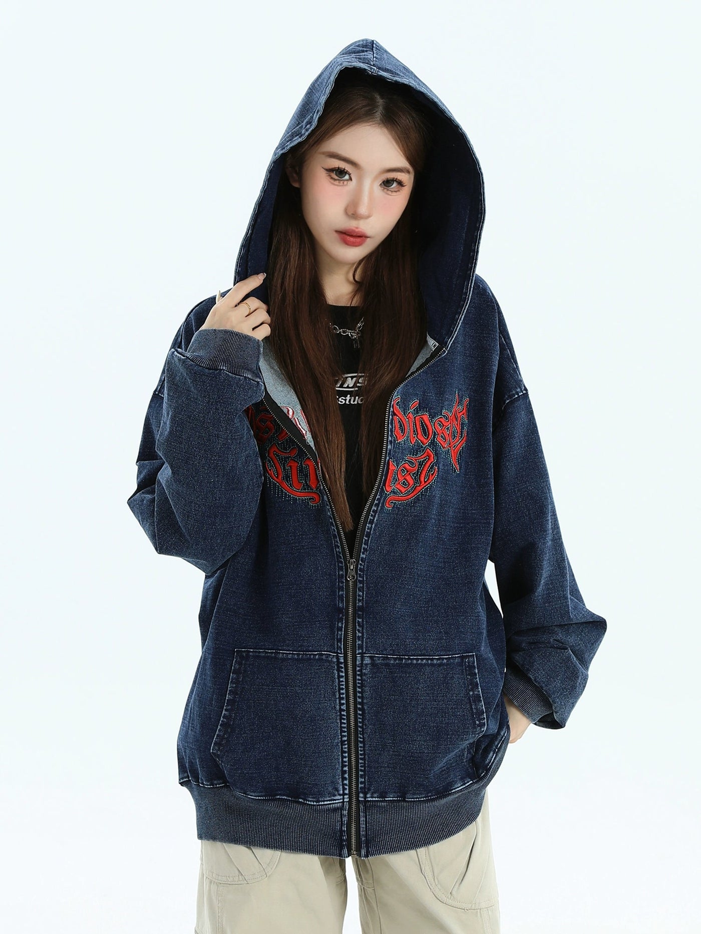 Grunged & Embroidered Hooded Denim Jacket Korean Street Fashion Jacket By INS Korea Shop Online at OH Vault