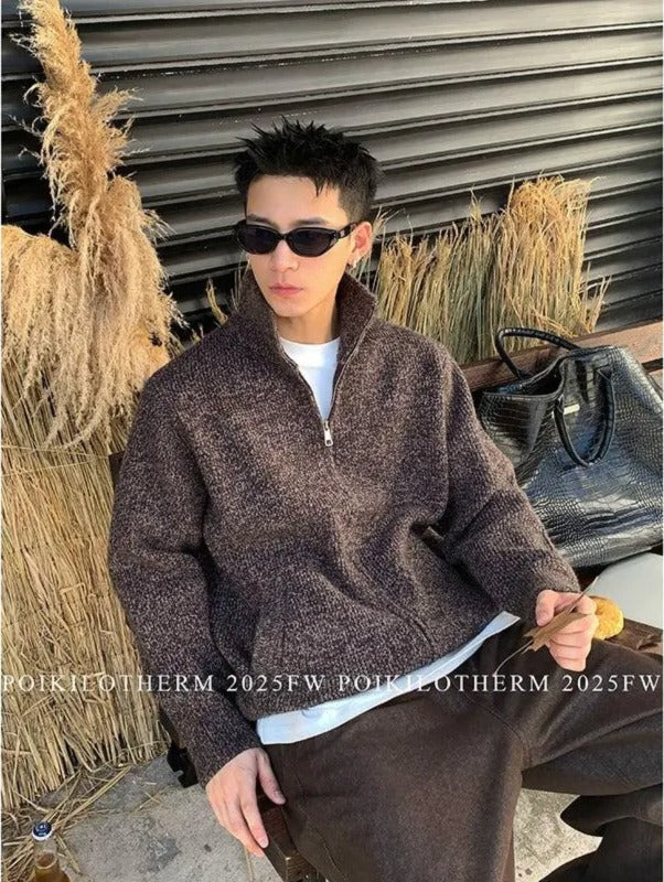 Stand Collar Textured Knit Jacket Korean Street Fashion Jacket By Poikilotherm Shop Online at OH Vault