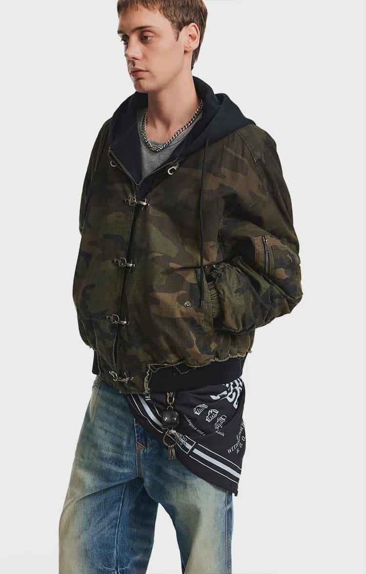 Distressed Fireman Clasp Camo Hooded Jacket Korean Street Fashion Jacket By Mad Witch Shop Online at OH Vault
