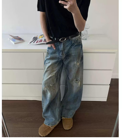 Distressed Ripped Detail Jeans Korean Street Fashion Jeans By MaxDstr Shop Online at OH Vault