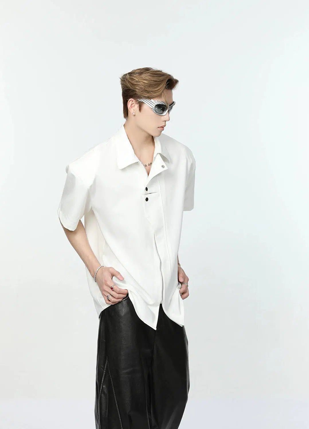 Metal Zipper Shoulder Pad Shirt Korean Street Fashion Shirt By Turn Tide Shop Online at OH Vault