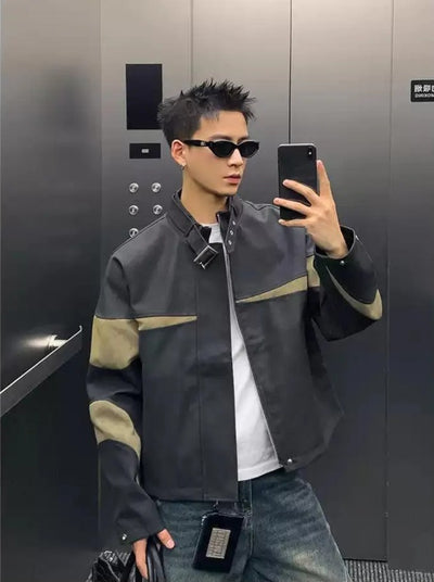 Contrast Buckled Strap Moto Jacket Korean Street Fashion Jacket By Poikilotherm Shop Online at OH Vault