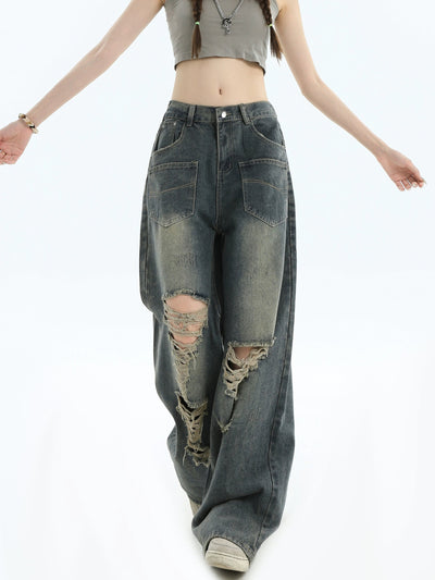 Multi-Pocket Ripped Detail Jeans Korean Street Fashion Jeans By INS Korea Shop Online at OH Vault