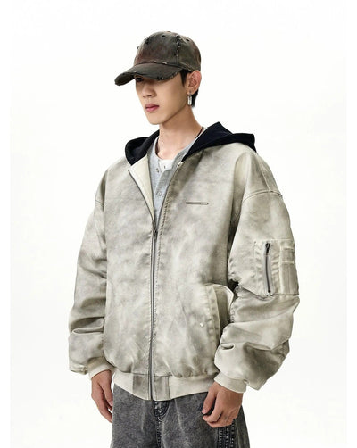 Washed PU Leather Spliced Hood Bomber Jacket Korean Street Fashion Jacket By MaxDstr Shop Online at OH Vault