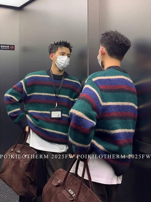Vintage Striped Round Neck Sweater Korean Street Fashion Sweater By Poikilotherm Shop Online at OH Vault