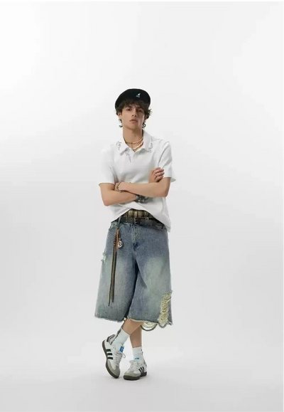 Faded Ripped Detail Denim Shorts Korean Street Fashion Shorts By JHYQ Shop Online at OH Vault