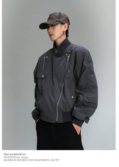 Heavy Structured Double Zip Bomber Jacket Korean Street Fashion Jacket By MaxDstr Shop Online at OH Vault