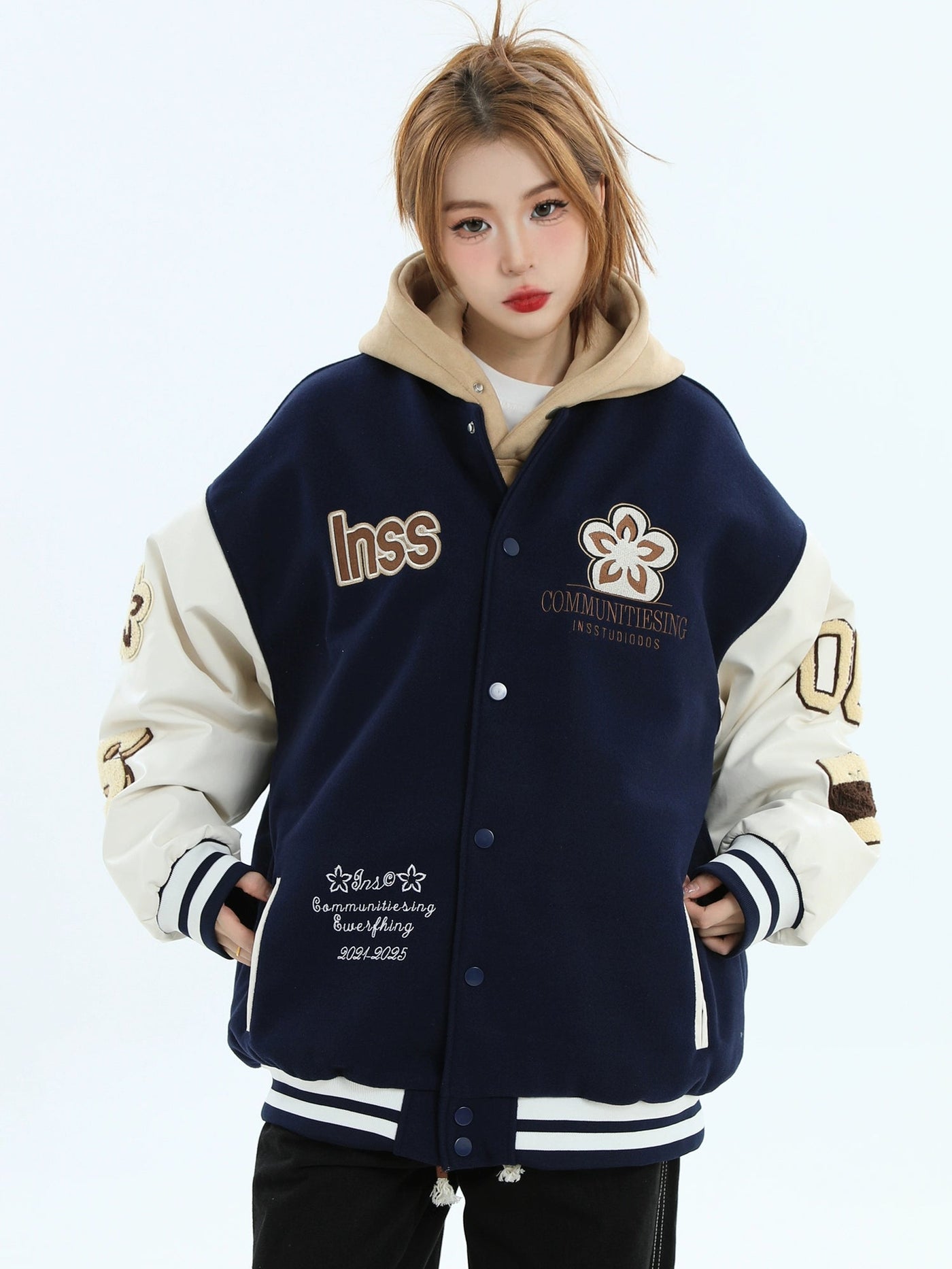 Fuzzy Flower & Logo Embroidery Varsity Jacket Korean Street Fashion Jacket By INS Korea Shop Online at OH Vault