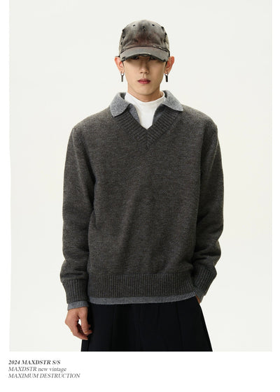 Solid Relaxed Fit V-Neck Sweater Korean Street Fashion Sweater By MaxDstr Shop Online at OH Vault