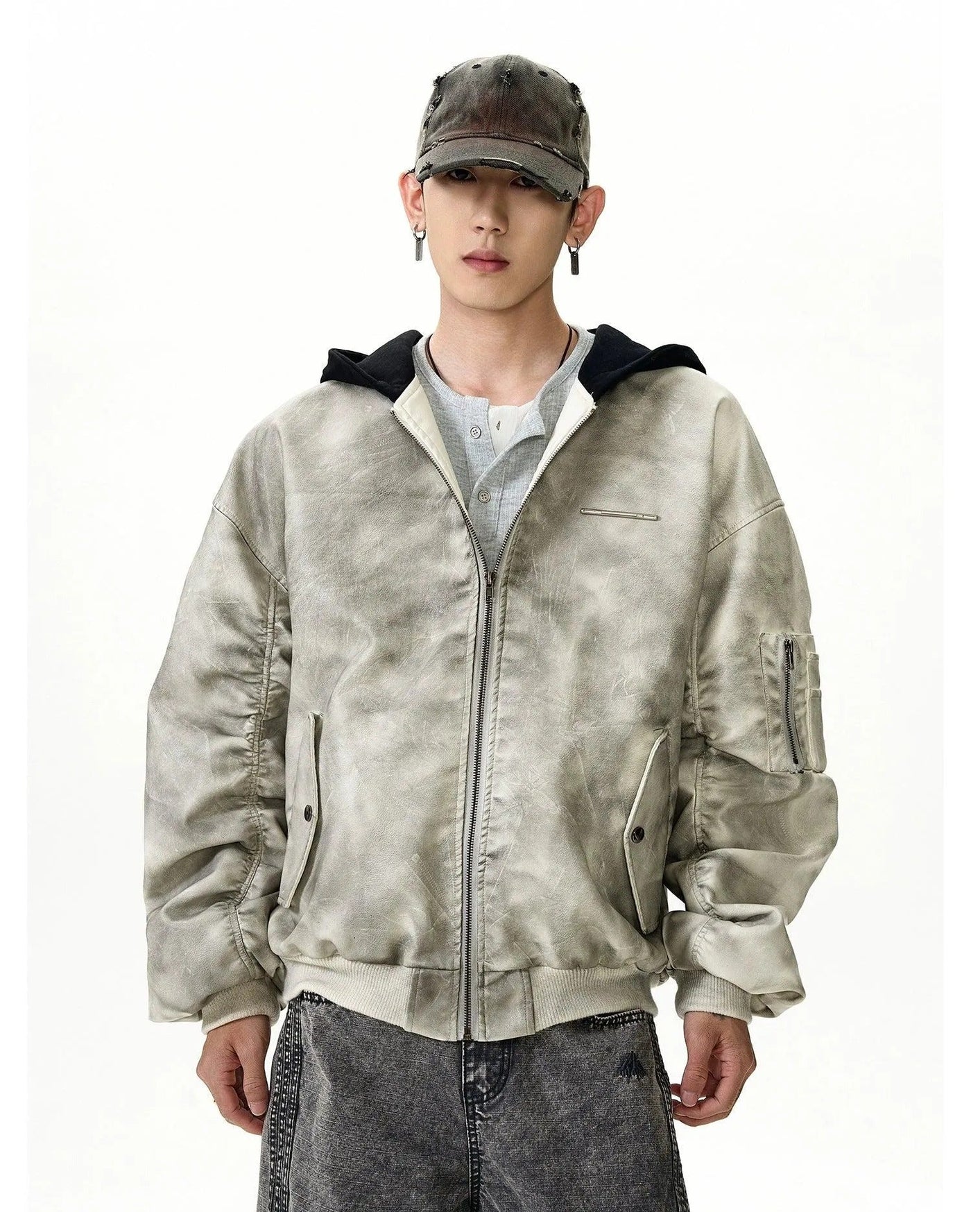 Washed PU Leather Spliced Hood Bomber Jacket Korean Street Fashion Jacket By MaxDstr Shop Online at OH Vault