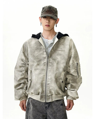 Washed PU Leather Spliced Hood Bomber Jacket Korean Street Fashion Jacket By MaxDstr Shop Online at OH Vault