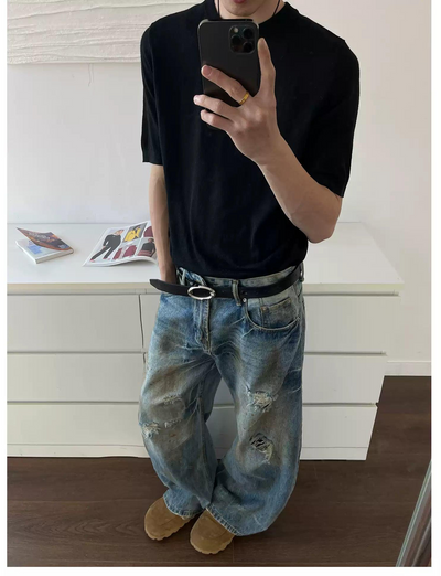 Distressed Ripped Detail Jeans Korean Street Fashion Jeans By MaxDstr Shop Online at OH Vault