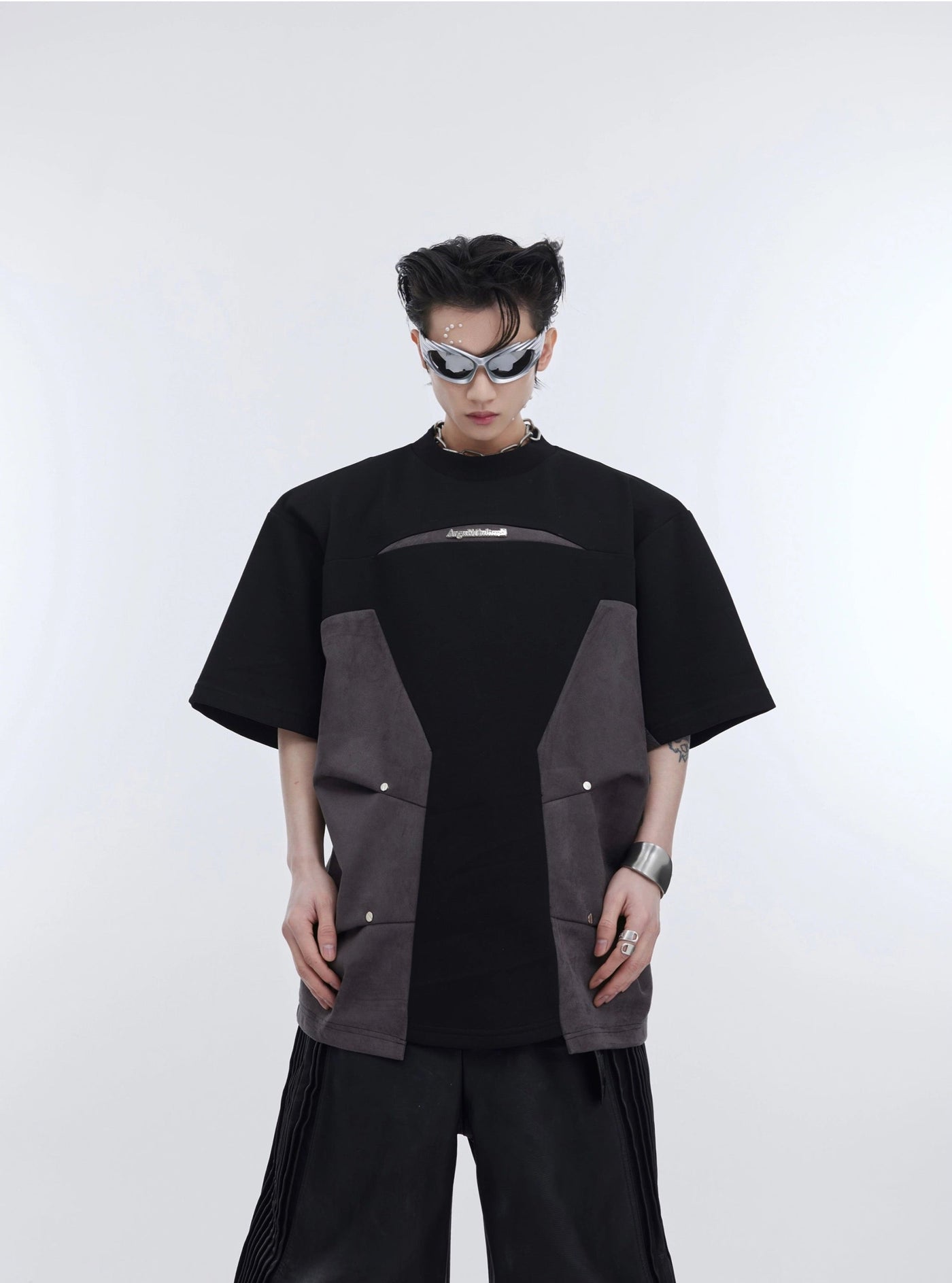 Leather Splice Detail T-Shirt Korean Street Fashion T-Shirt By Argue Culture Shop Online at OH Vault