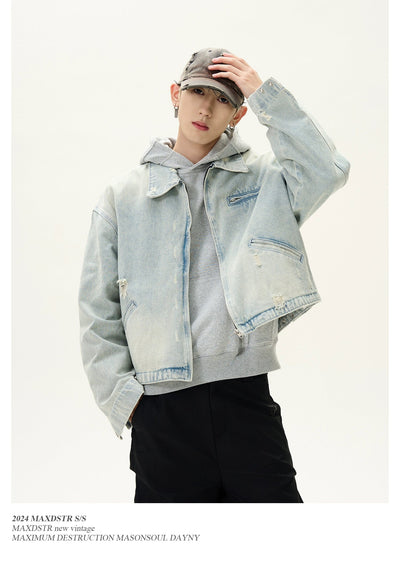 Light Wash Cat Scratched Denim Jacket Korean Street Fashion Jacket By MaxDstr Shop Online at OH Vault