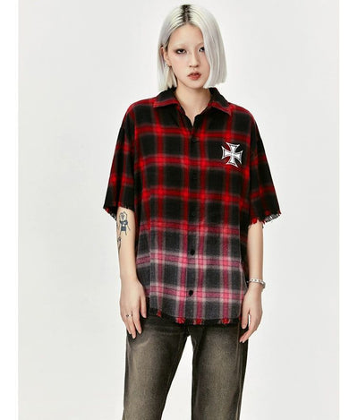 Gradient Plaid Raw Edge Shirt Korean Street Fashion Shirt By Made Extreme Shop Online at OH Vault