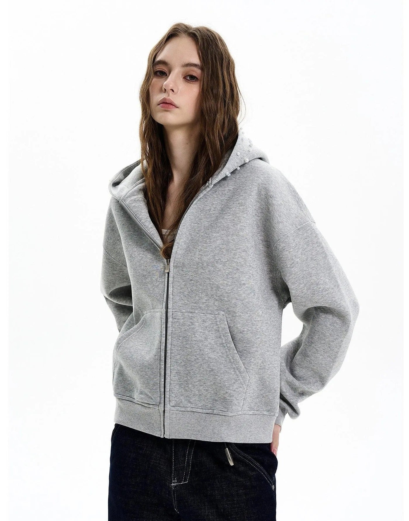 Kangaroo Pocket Pearl Detail Zip-Up Hoodie Korean Street Fashion Hoodie By MaxDstr Shop Online at OH Vault