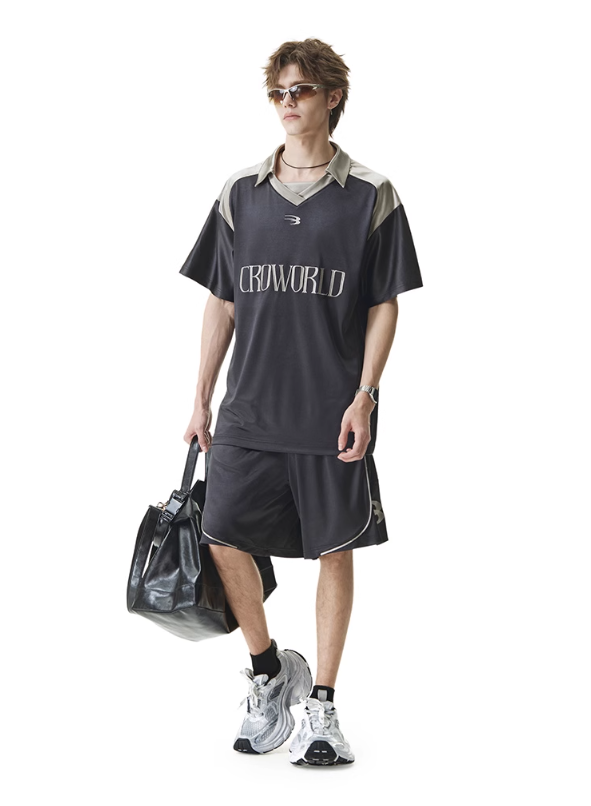 Logo Lapel Stitched Jersey T-Shirt & Shorts Set Korean Street Fashion Clothing Set By Cro World Shop Online at OH Vault