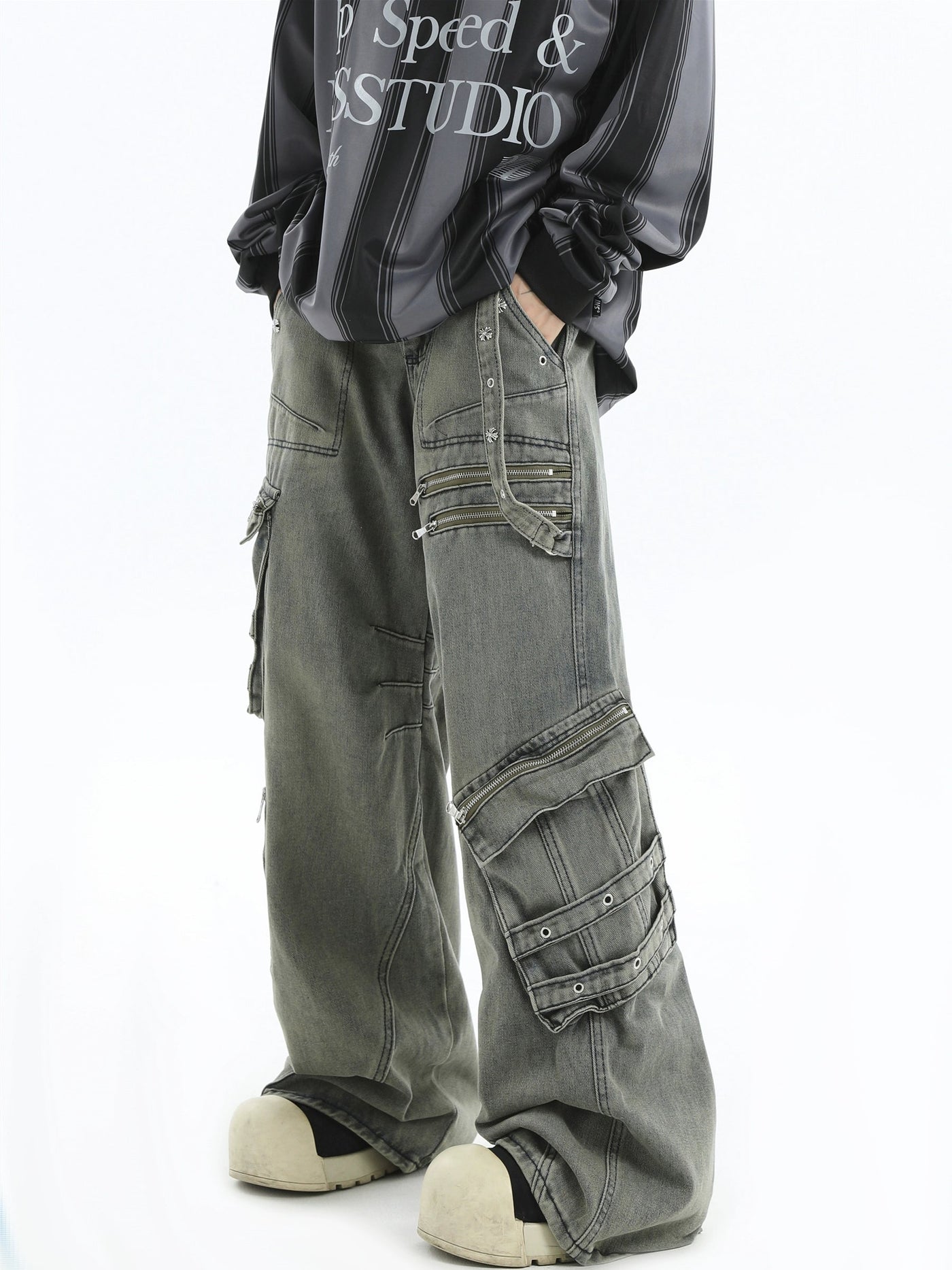 Zipped Multi-Pocket Cargo Jeans Korean Street Fashion Jeans By INS Korea Shop Online at OH Vault