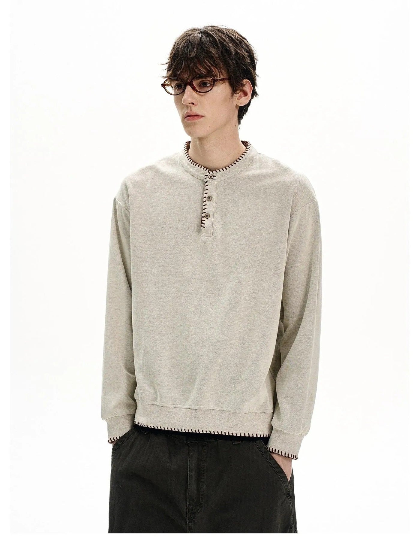 Stitched Henley Collar Crewneck Korean Street Fashion Crewneck By MaxDstr Shop Online at OH Vault